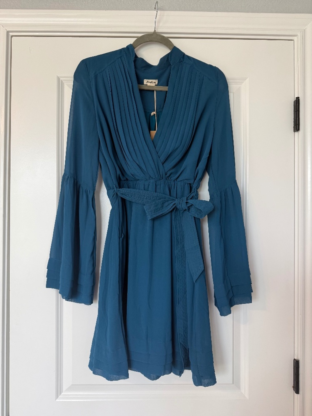 Love Riche Aqua Blue Chiffon Pleated Mini Dress V-Neck Bell Sleeve